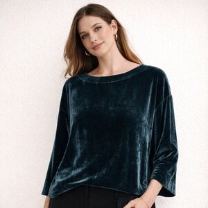 Bryn Walker Silk Blend Velvet Boat Neck Top Teal Green Oversized Medium